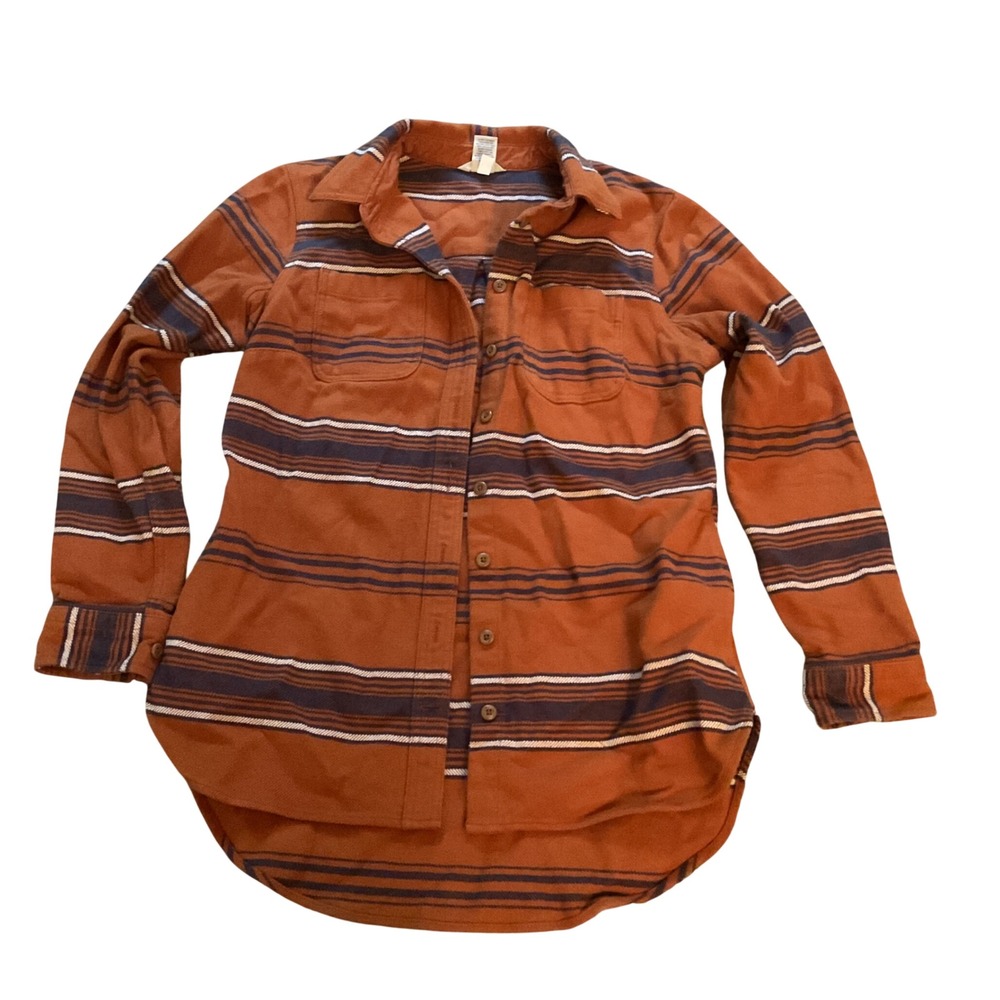 Duluth Trading Co Women Orange Striped Cotton Flannel Button Down Shirt Small